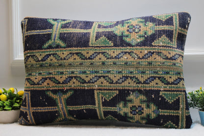 Vintage Turkish Rug Pillow: Handmade Boho Cushion Cover (16x24 in)
