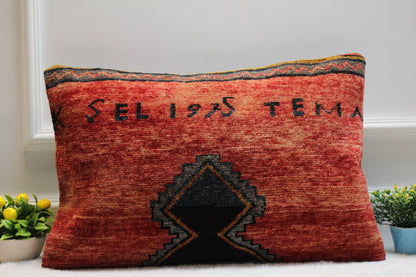 Handmade Red Kilim Pillow: Organic Wool Lumbar Cushion (16x24 in)