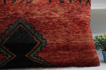 Handmade Red Kilim Pillow: Organic Wool Lumbar Cushion (16x24 in)