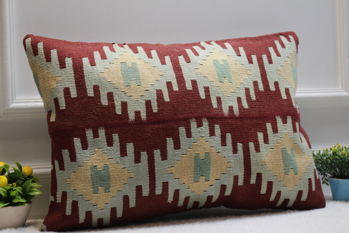 Handmade Kilim Lumbar Pillow Cover: Red Geometric Woven Rug (16x24 in)