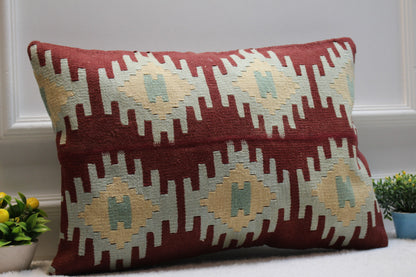 Handmade Kilim Lumbar Pillow Cover: Red Geometric Woven Rug (16x24 in)