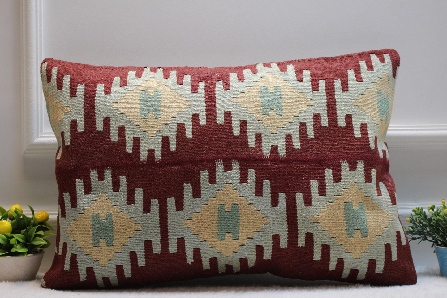 Handmade Kilim Lumbar Pillow Cover: Red Geometric Woven Rug (16x24 in)