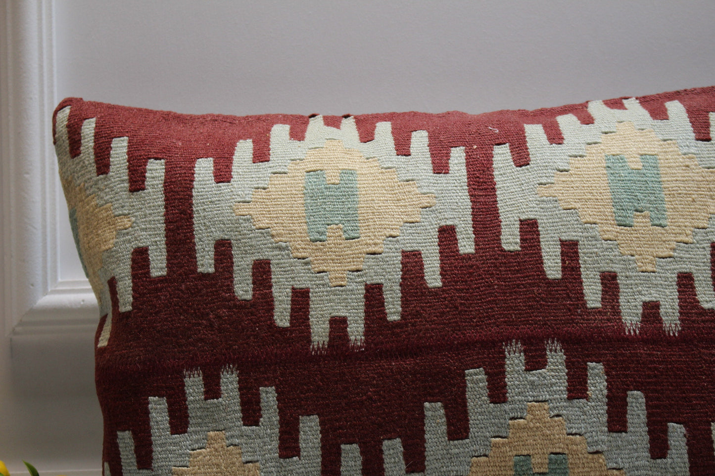 Handmade Kilim Lumbar Pillow Cover: Red Geometric Woven Rug (16x24 in)