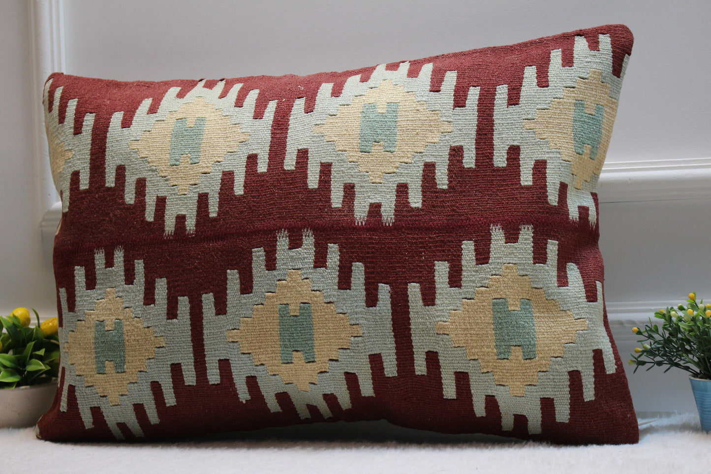 Handmade Kilim Lumbar Pillow Cover: Red Geometric Woven Rug (16x24 in)