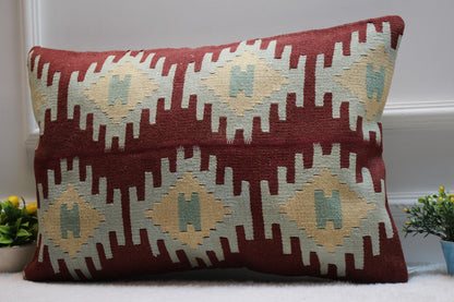 Handmade Kilim Lumbar Pillow Cover: Red Geometric Woven Rug (16x24 in)