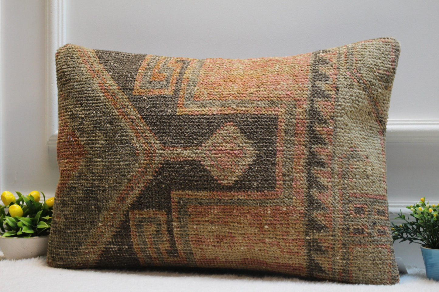 Handmade Turkish Rug Lumbar Pillow: Upcycled Kilim Pillow Cover (16x24 in)
