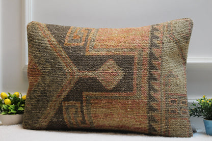 Handmade Turkish Rug Lumbar Pillow: Upcycled Kilim Pillow Cover (16x24 in)