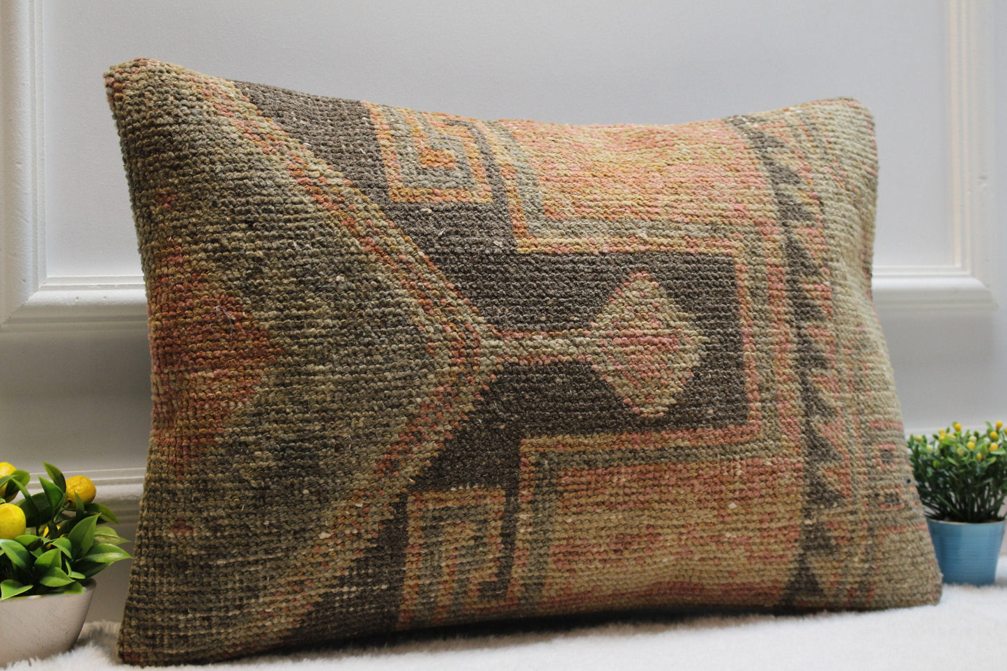 Handmade Turkish Rug Lumbar Pillow: Upcycled Kilim Pillow Cover (16x24 in)