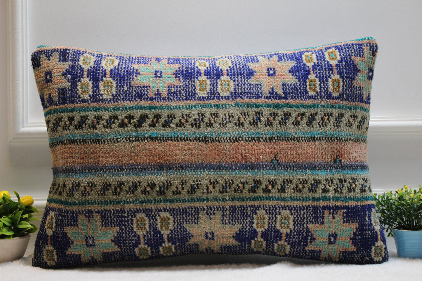 Blue Kilim Pillow Cover (16x24 inch): Upcycled Woven Rug Lumbar Pillow