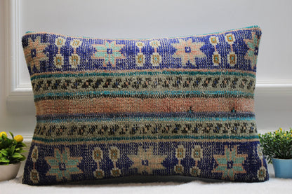 Blue Kilim Pillow Cover (16x24 inch): Upcycled Woven Rug Lumbar Pillow