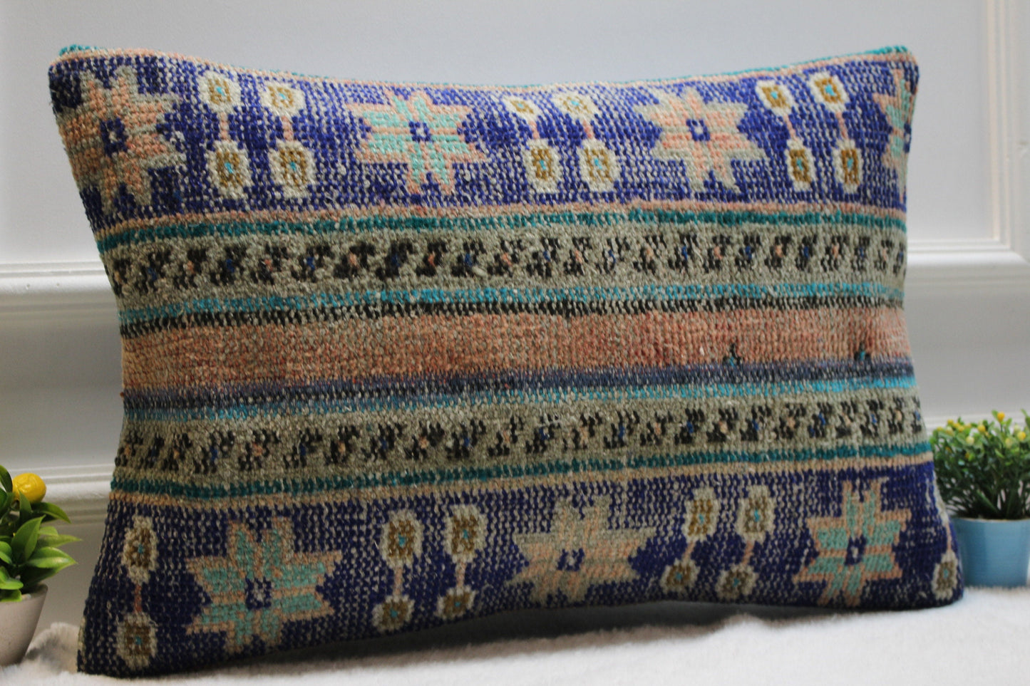 Blue Kilim Pillow Cover (16x24 inch): Upcycled Woven Rug Lumbar Pillow