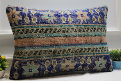 Blue Kilim Pillow Cover (16x24 inch): Upcycled Woven Rug Lumbar Pillow