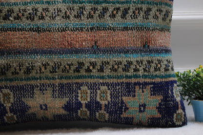 Blue Kilim Pillow Cover (16x24 inch): Upcycled Woven Rug Lumbar Pillow