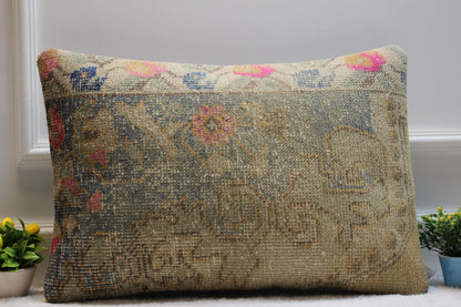 Handmade Vintage Turkish Rug Pillow Cover: Organic Wool, 16x24 inch
