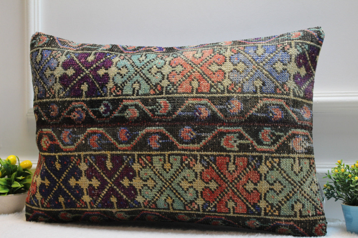 Handmade Kilim Pillow Cover: Upcycled Woven Rug, Boho Decor (16x24 inch)