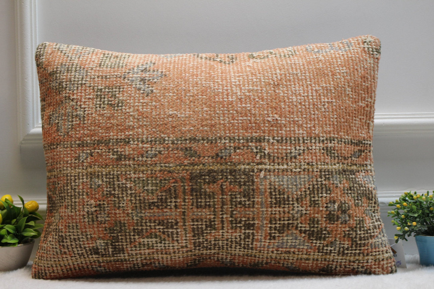 Handmade Kilim Pillow Cover: Orange Boho Rug Pillow, 16x24 inch