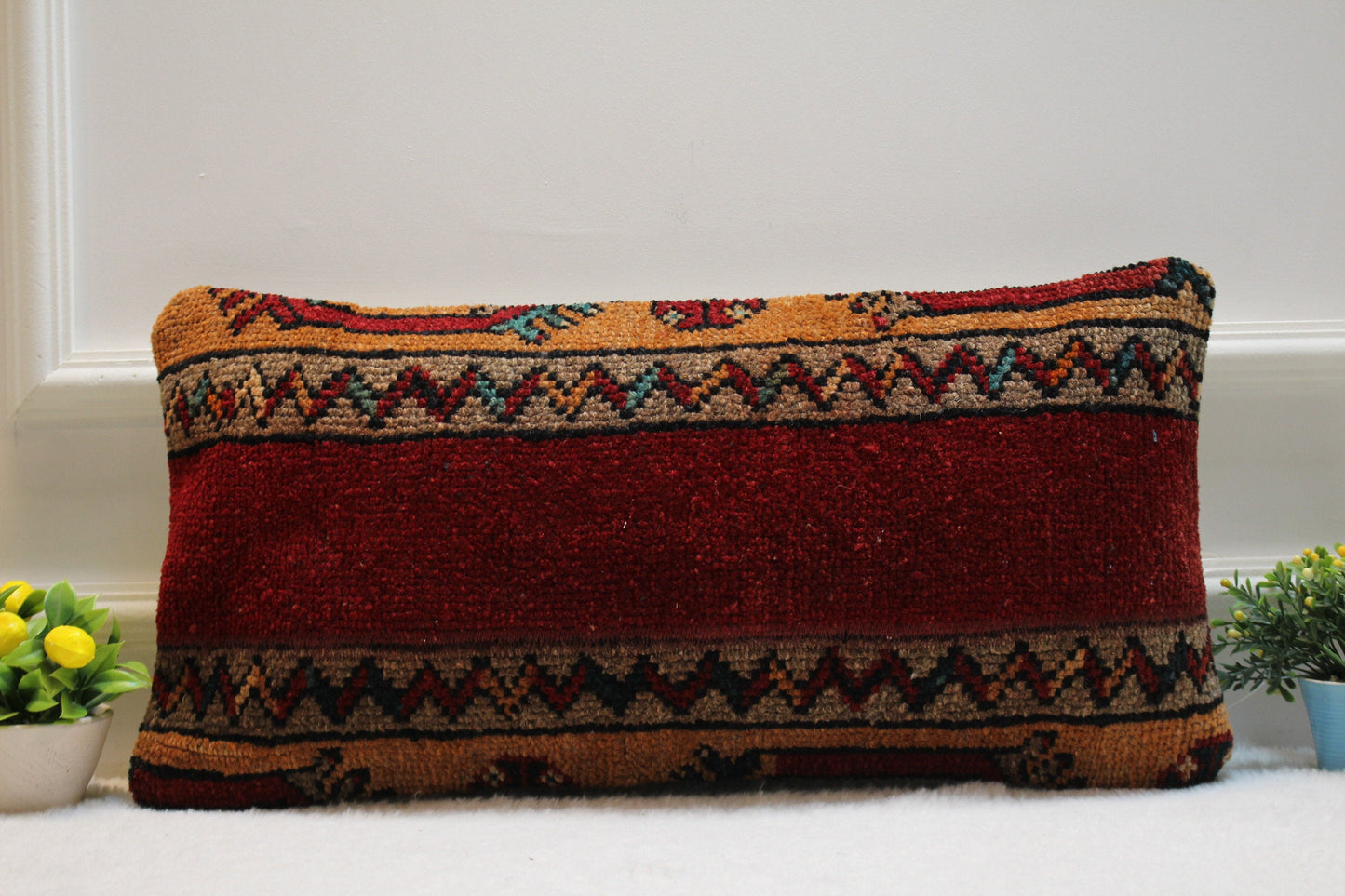 Handmade Red Wool Lumbar Pillow Cover: Turkish Kilim Rug, 12x24 inc