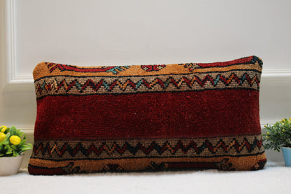 Handmade Red Wool Lumbar Pillow Cover: Turkish Kilim Rug, 12x24 inc
