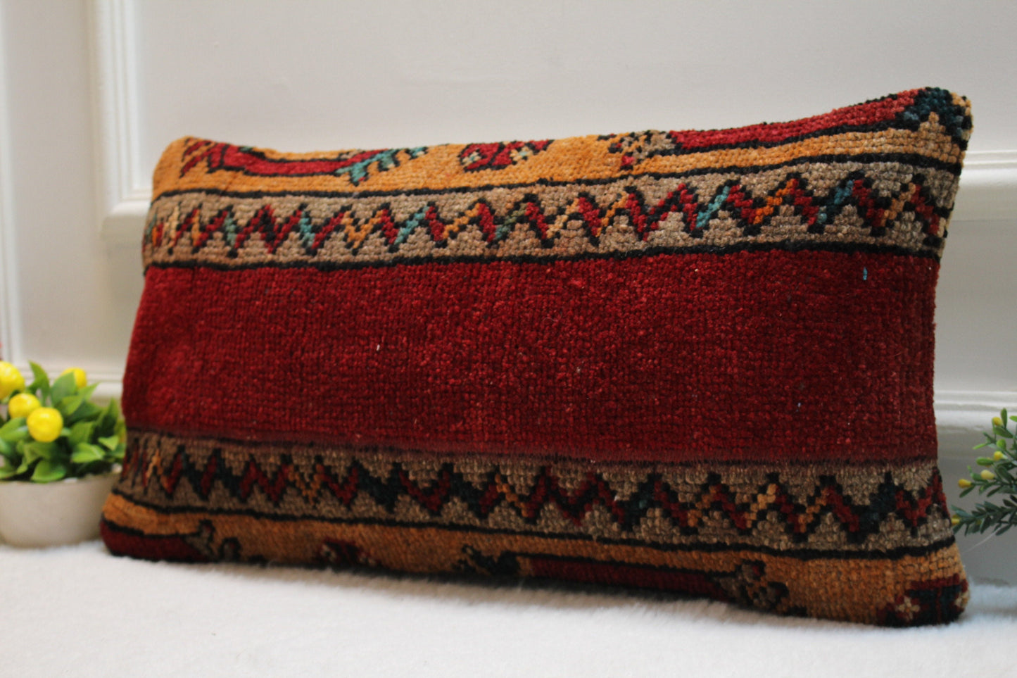 Handmade Red Wool Lumbar Pillow Cover: Turkish Kilim Rug, 12x24 inc