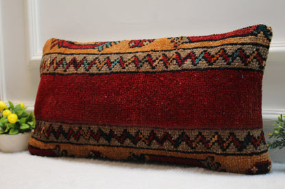 Handmade Red Wool Lumbar Pillow Cover: Turkish Kilim Rug, 12x24 inc