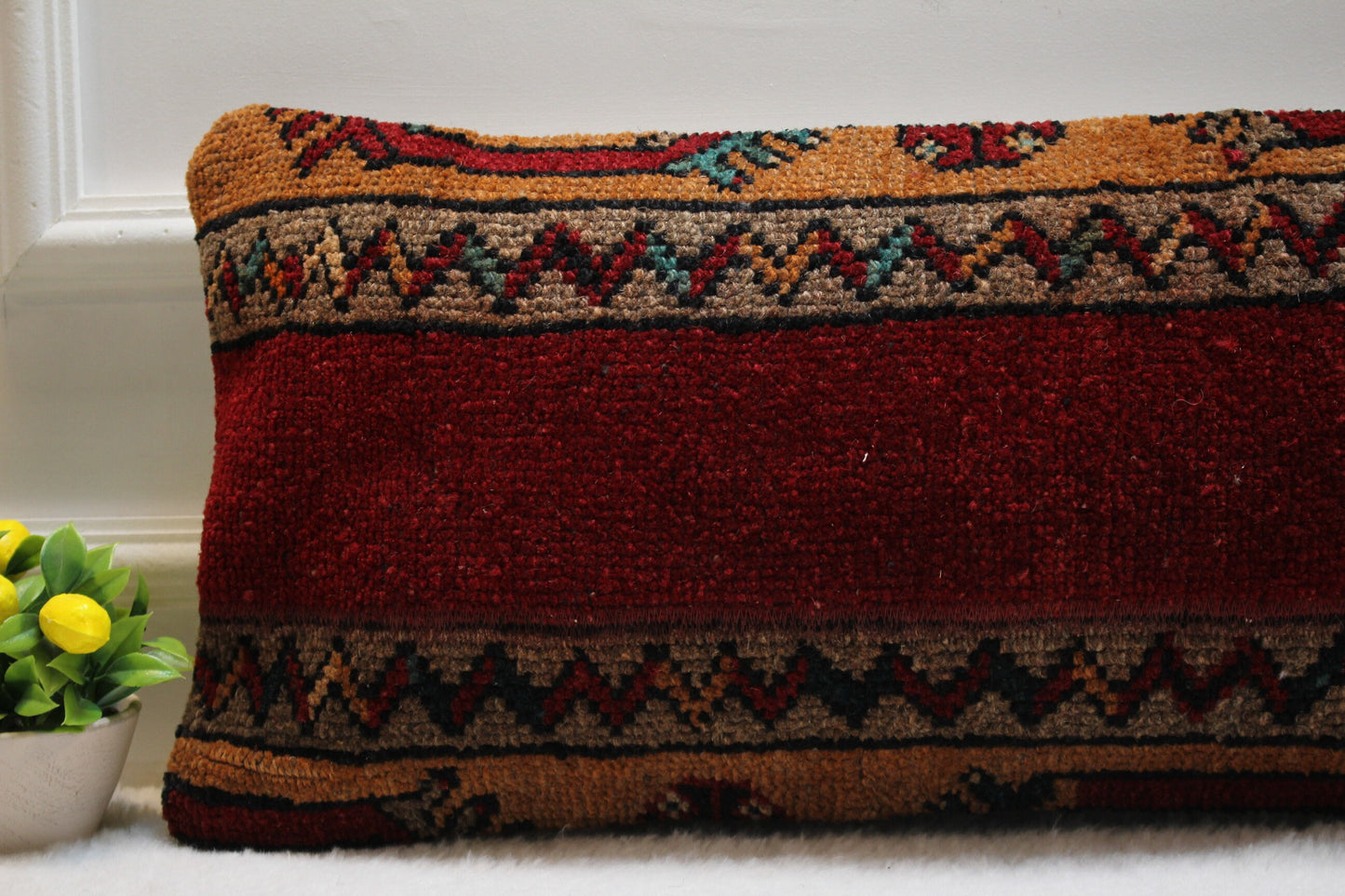 Handmade Red Wool Lumbar Pillow Cover: Turkish Kilim Rug, 12x24 inc