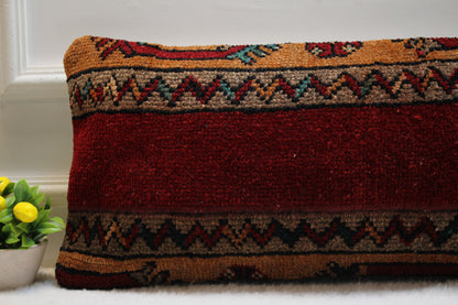 Handmade Red Wool Lumbar Pillow Cover: Turkish Kilim Rug, 12x24 inc