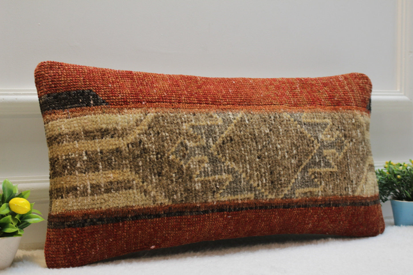 Handmade Lumbar Kilim Pillow Cover: Upcycled Turkish Rug, 12x24 inch