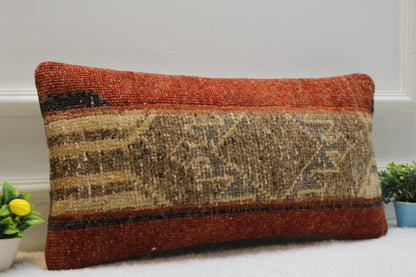 Handmade Lumbar Kilim Pillow Cover: Upcycled Turkish Rug, 12x24 inch