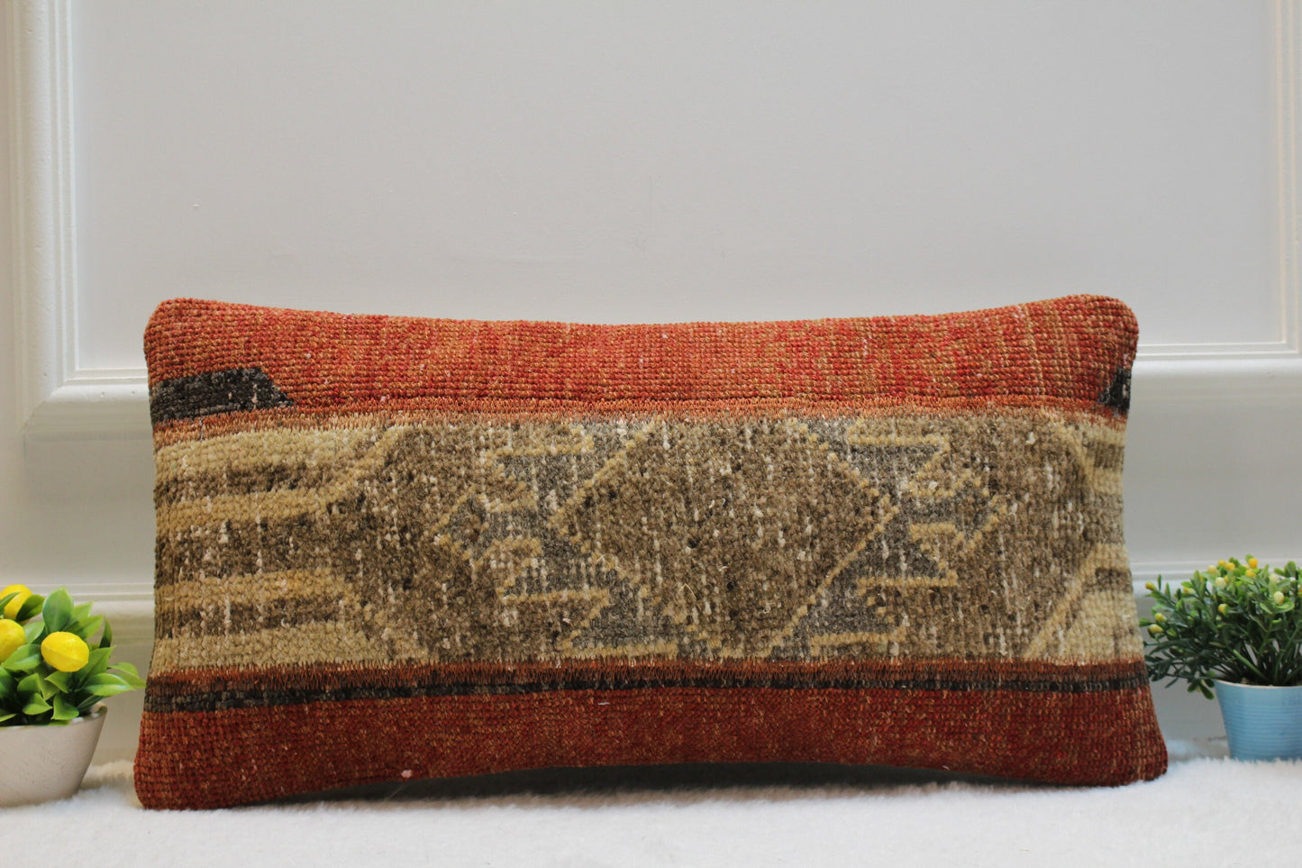 Handmade Lumbar Kilim Pillow Cover: Upcycled Turkish Rug, 12x24 inch