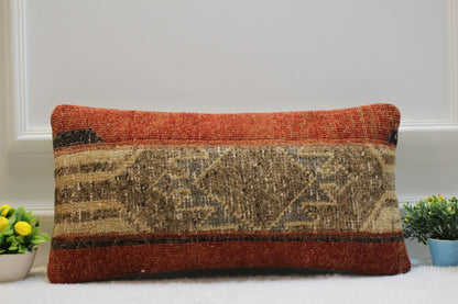 Handmade Lumbar Kilim Pillow Cover: Upcycled Turkish Rug, 12x24 inch