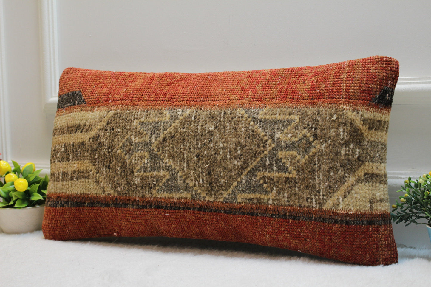 Handmade Lumbar Kilim Pillow Cover: Upcycled Turkish Rug, 12x24 inch
