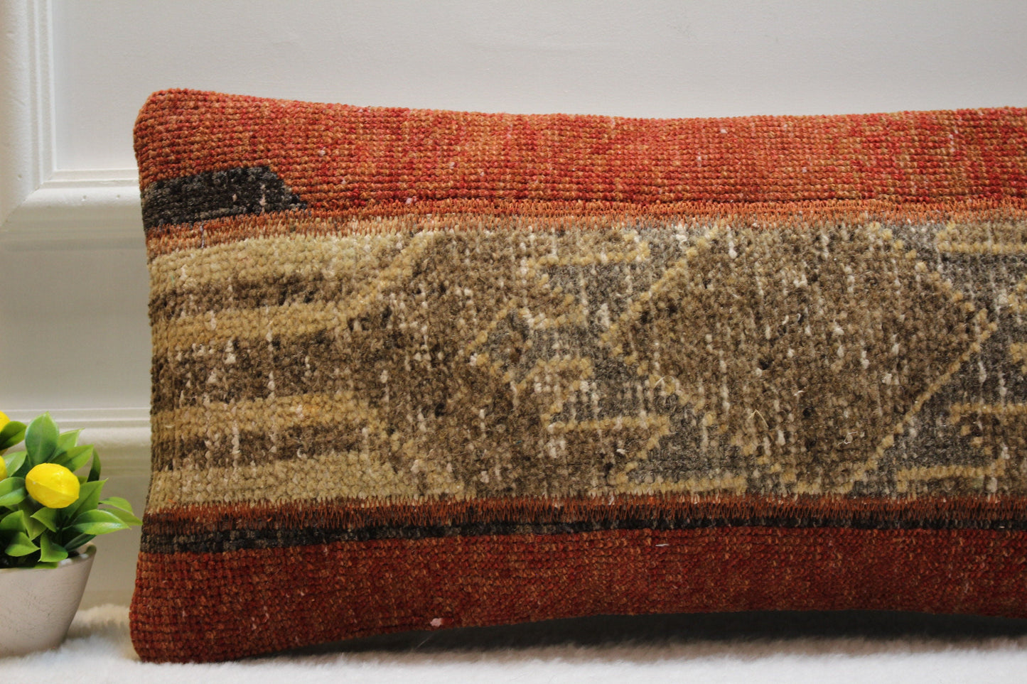 Handmade Lumbar Kilim Pillow Cover: Upcycled Turkish Rug, 12x24 inch