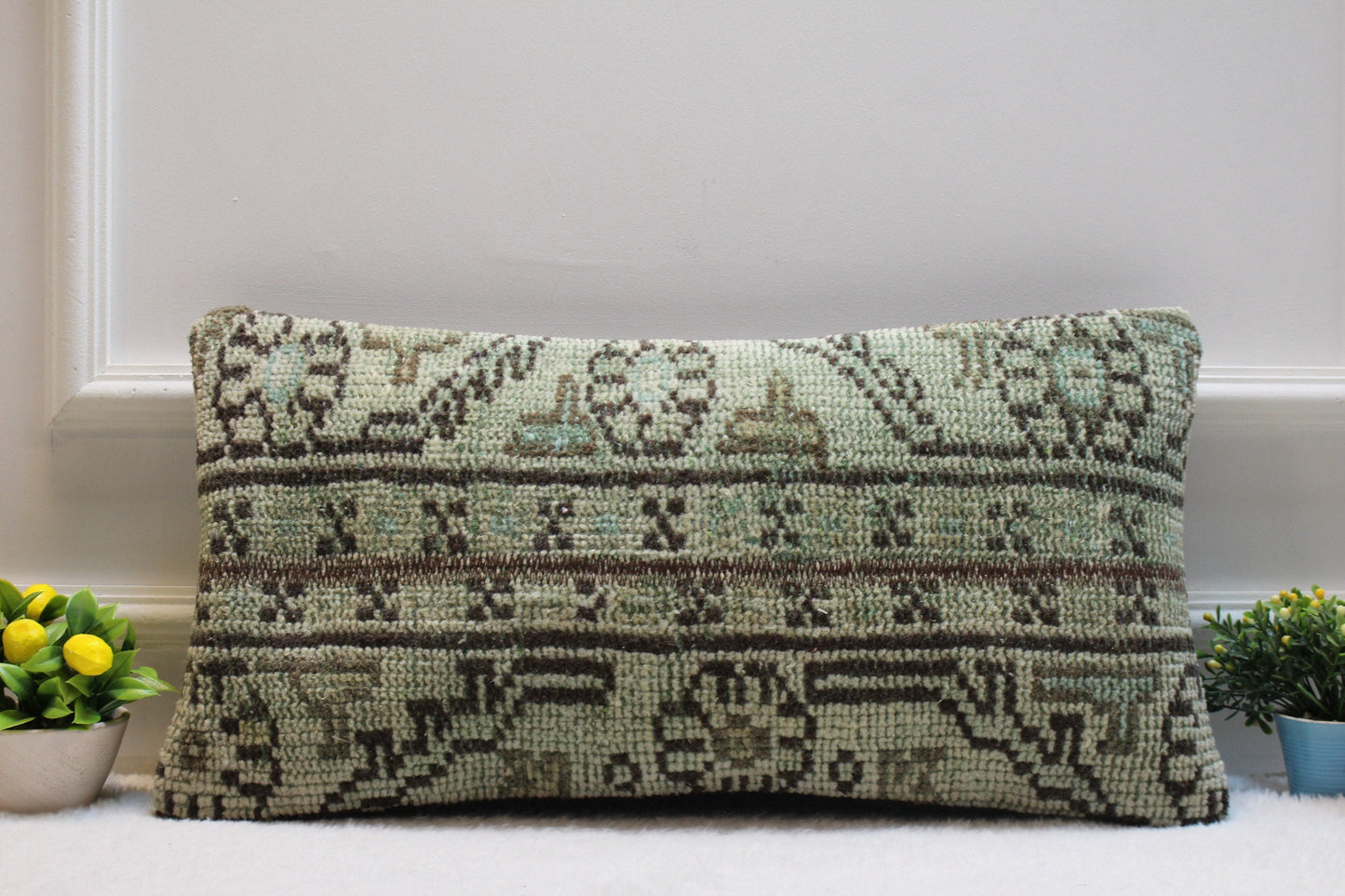 Handmade Kilim Lumbar Pillow Cover: Upcycled Turkish Rug, 12x24 inch