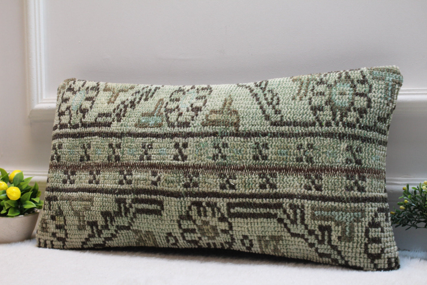 Handmade Kilim Lumbar Pillow Cover: Upcycled Turkish Rug, 12x24 inch