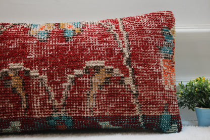 Handmade Turkish Rug Lumbar Pillow Cover: Red Organic Wool (12x24 in)