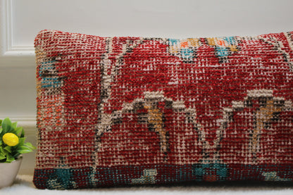 Handmade Turkish Rug Lumbar Pillow Cover: Red Organic Wool (12x24 in)
