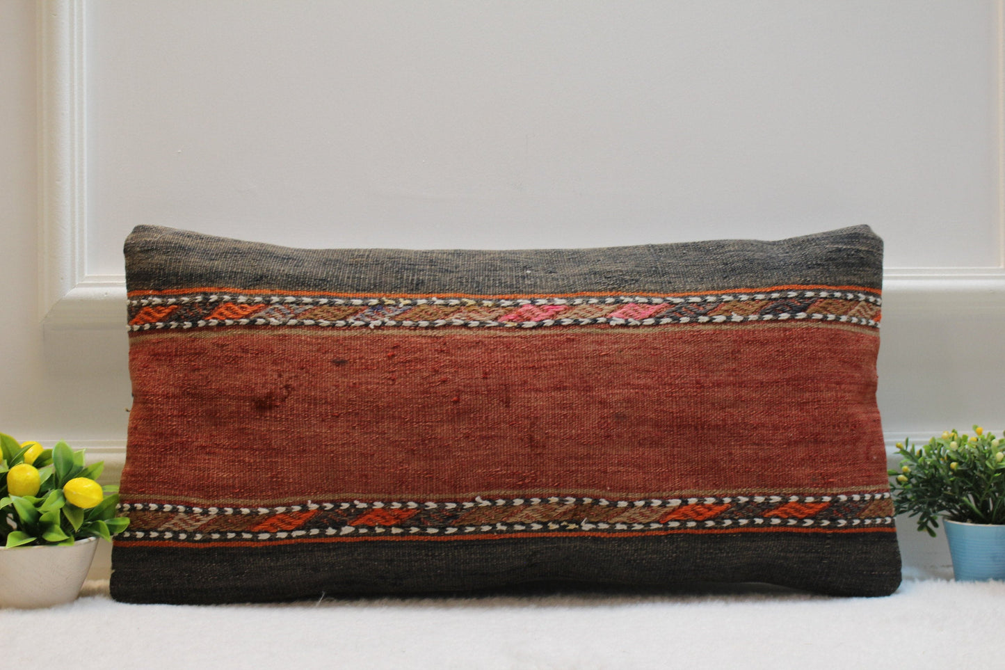 Handmade Kilim Lumbar Pillow Cover: Vintage Woven Wool, 12x24 inch