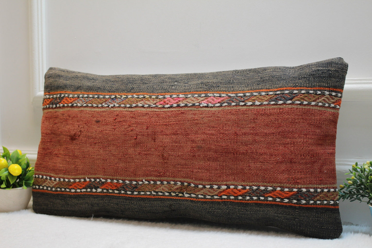 Handmade Kilim Lumbar Pillow Cover: Vintage Woven Wool, 12x24 inch