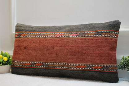 Handmade Kilim Lumbar Pillow Cover: Vintage Woven Wool, 12x24 inch