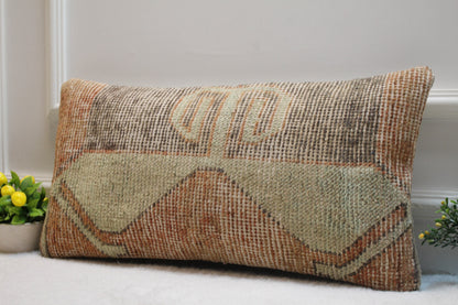 Vintage Turkish Rug Pillow: 12x24 Handmade Wool Lumbar Cover