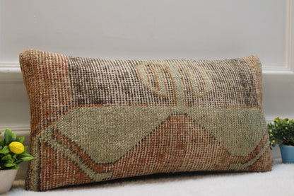 Vintage Turkish Rug Pillow: 12x24 Handmade Wool Lumbar Cover