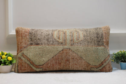 Vintage Turkish Rug Pillow: 12x24 Handmade Wool Lumbar Cover