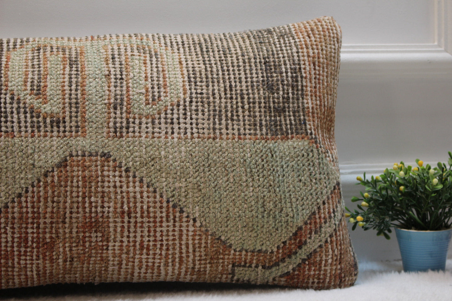 Vintage Turkish Rug Pillow: 12x24 Handmade Wool Lumbar Cover