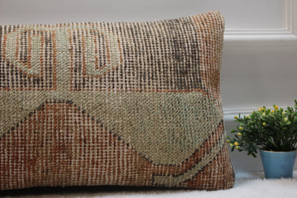 Vintage Turkish Rug Pillow: 12x24 Handmade Wool Lumbar Cover