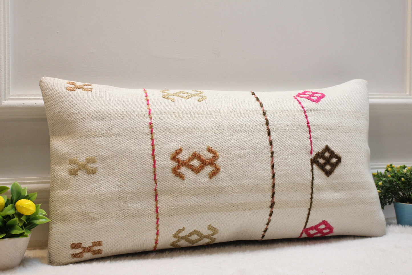 Handmade Turkish Kilim Lumbar Pillow Cover: 12x24 inc, Bohemian Decor