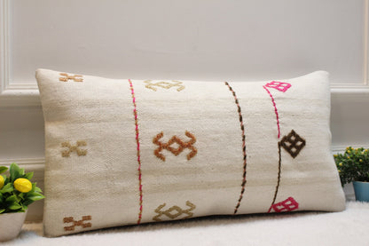 Handmade Turkish Kilim Lumbar Pillow Cover: 12x24 inc, Bohemian Decor