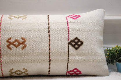 Handmade Turkish Kilim Lumbar Pillow Cover: 12x24 inc, Bohemian Decor