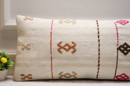 Handmade Turkish Kilim Lumbar Pillow Cover: 12x24 inc, Bohemian Decor