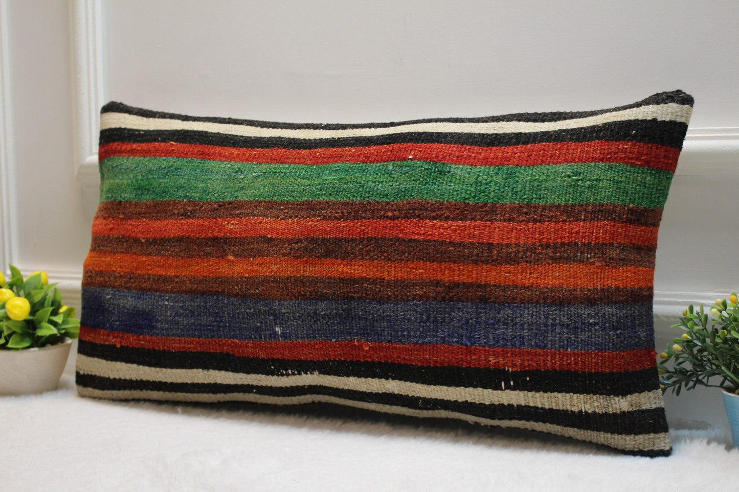 Handmade Striped Kilim Pillow Cover: Vintage Turkish Wool (16x16 inc)