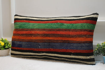 Handmade Striped Kilim Pillow Cover: Vintage Turkish Wool (16x16 inc)